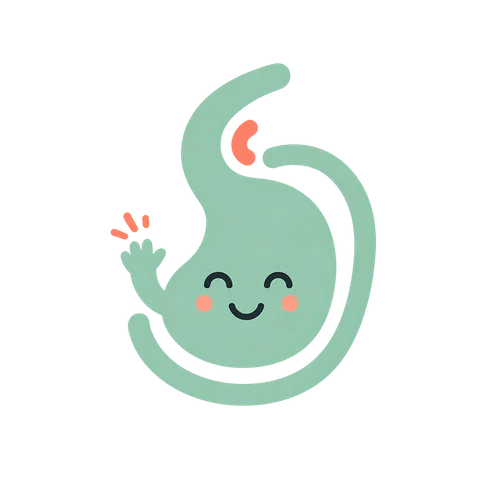 Pip the stomach mascot waving over the phone